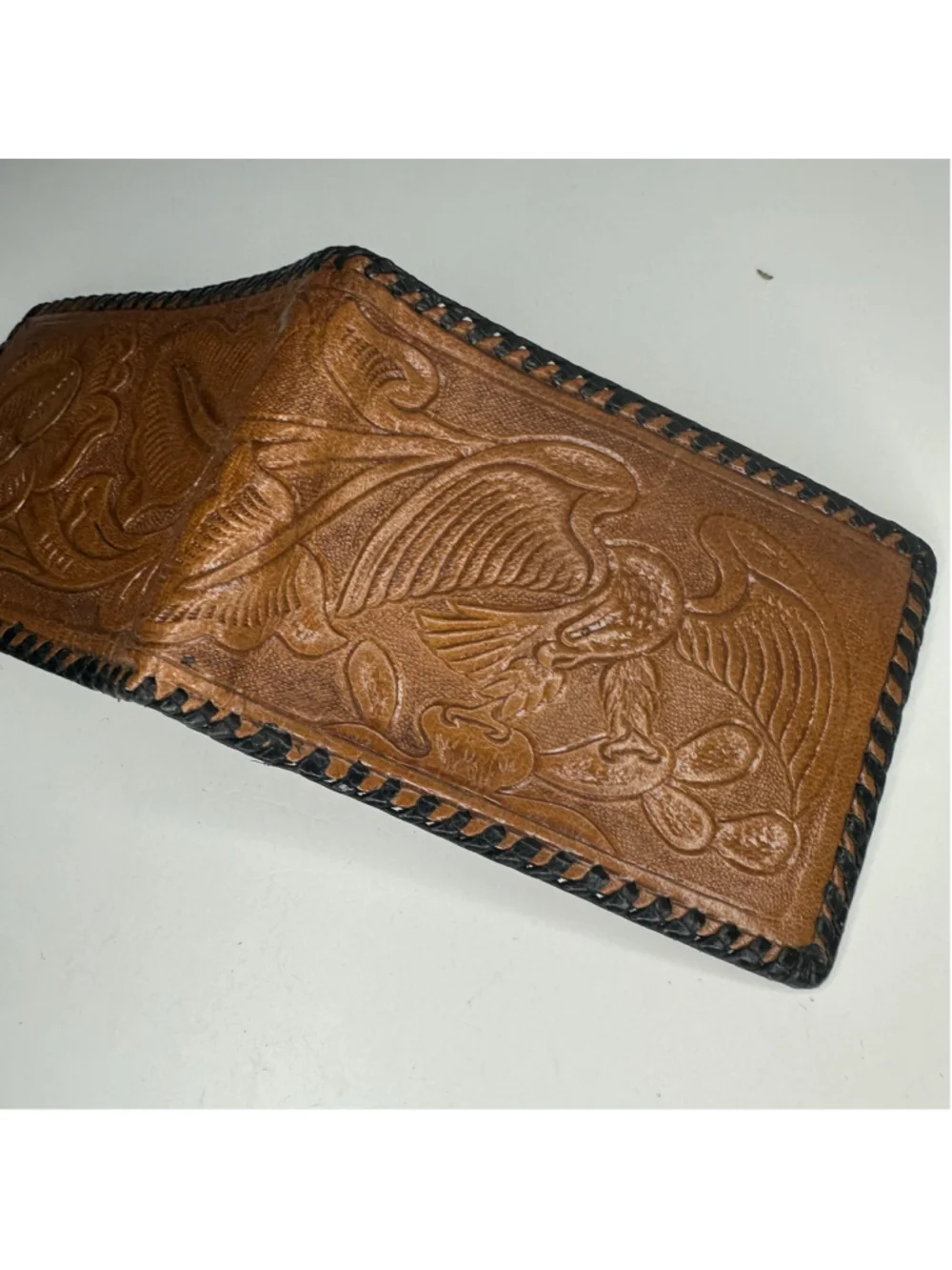 Vintage New Men's Brown Tooled Leather Wallet with Floral & Eagle Bird Design